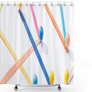 Personality  Panoramic Shot Of Multicolored Abstract Connected Lines With Pins, Connection And Communication Concept Shower Curtains
