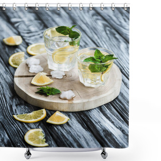 Personality  Cold Fresh Summer Cocktail With Mint And Ice Cubes In Glasses On Wooden Table Shower Curtains