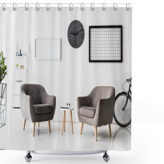 Personality  Modern Interior Of White Waiting Hall With Grey Armchairs And Table Shower Curtains