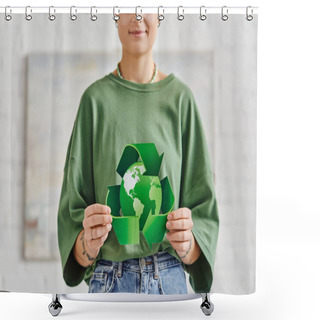 Personality  Eco-conscious Lifestyle, Partial View Of Smiling Tattooed Woman In Casual Clothes Holding Green Recycling Symbol Around Globe At Home, Sustainable Living And Environmental Awareness Concept Shower Curtains