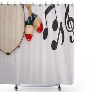 Personality  Top View Of Wooden Maracas Near Tambourine And Paper Cut Music Notes On White Background Shower Curtains