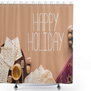 Personality  Top View Of Traditional Book With Text In Hebrew And Happy Holiday Greeting Shower Curtains