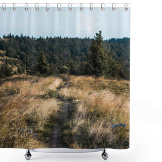 Personality  Green Firs Near Yellow Lawn With Barley And Wildflowers On Hill  Shower Curtains