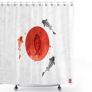 Personality  Three Big Koi Carps And Big Red Sun, Symbol Of Japan. Traditional Japanese Ink Wash Painting Sumi-e Shower Curtains