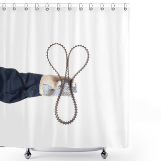 Personality  Auto Locksmith Holding A Used Timing Belt On A White Background, Isolate. Regulations For Replacing Belts And Rollers Of The Engine Shower Curtains