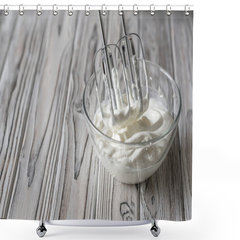 Personality  Woman whipping cream using electric hand mixer on the gray rustic wooden table  shower curtains