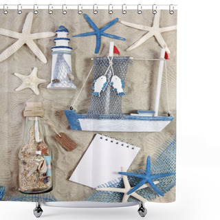 Personality  Lighthouse, Ship, Bottle And Sea Stars On Sand Shower Curtains