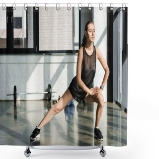 Personality  Determined Sportswoman Doing Lateral Lunge Exercise At Fitness Center Shower Curtains