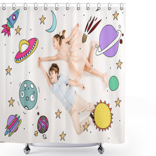 Personality  Top View Of Cheerful Kids Gesturing While Flying In Space  Shower Curtains