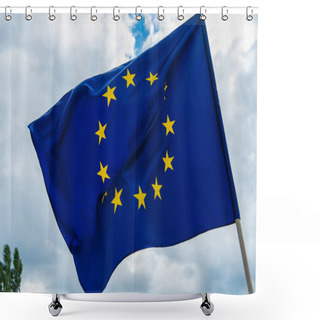 Personality  Low Angle View Of European Union Flag With Yellow Stars Against Sky  Shower Curtains
