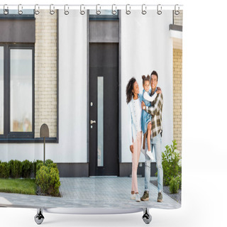 Personality  Full Length View Of African American Family Standing Near New House While Father Holding Kid And Looking At Camera  Shower Curtains