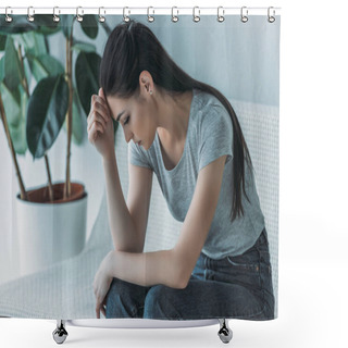Personality  Frustrated Young Woman In Depression Sitting On Couch And Looking Down Shower Curtains