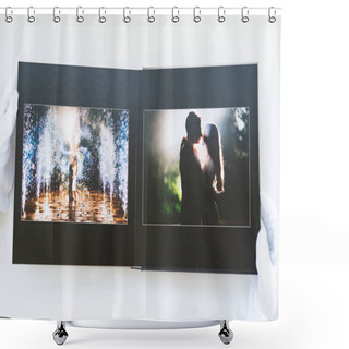 Personality  Hands In White Gloves Flipping Through A Photo Book With Wedding Photos.  Shower Curtains