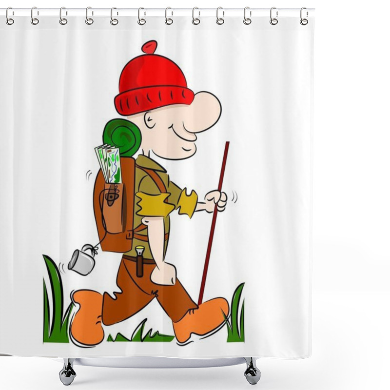 Personality  A cartoon hiker rambler going camping shower curtains