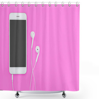 Personality  Smartphone With Earphones On Pink Background With Copy Space And Shower Curtains
