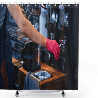 Personality  Cropped View Of Barista In Latex Glove Holding Portafilter With Ground Coffee In Coffee Shop Shower Curtains