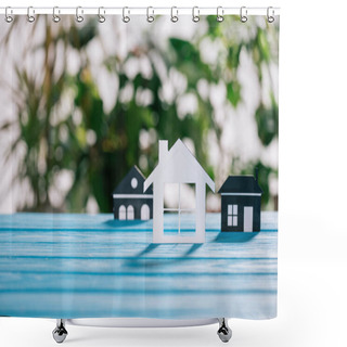 Personality  Selective Focus Of Paper Houses On Wooden Desk, Mortgage Concept Shower Curtains
