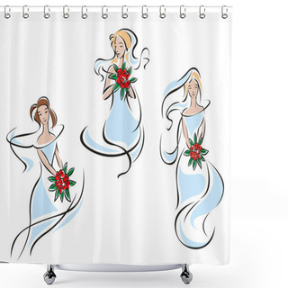 Personality  Beautiful Brides In Outline Flowing Lines Shower Curtains