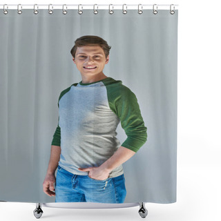 Personality  Stylish Young Man In Casual Street Wear Standing And Smiling At Camera Posing On Grey Backdrop Shower Curtains