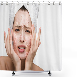 Personality  Displeased Girl With Peeling Facial Mask Touching Face And Looking At Camera Isolated On White Shower Curtains