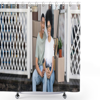 Personality  Positive African American Couple With Takeaway Coffee Sitting Together On Porch Of New Home, Banner Shower Curtains