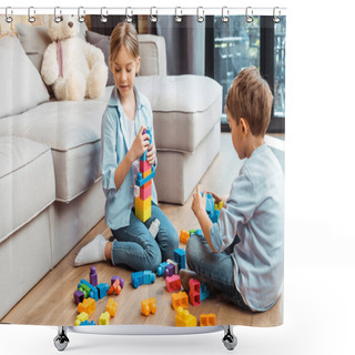 Personality  Cute Siblings Playing With Building Blocks While Sitting On Floor In Living Room  Shower Curtains