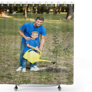 Personality  Boy Looking At Camera While Watering Planted Young Tree Near Smiling Father, Ecology Concept Shower Curtains