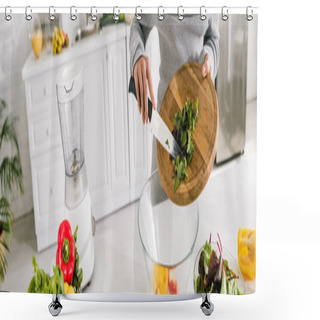 Personality  Panoramic Shot Of Woman Preparing Salad At Home  Shower Curtains