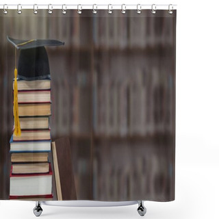Personality  Digital Composite Of Books And Graduation Hat In Education Library Shower Curtains