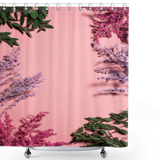Personality  Top View Of Frame Of Flowers And Branches On Pink Tabletop Shower Curtains