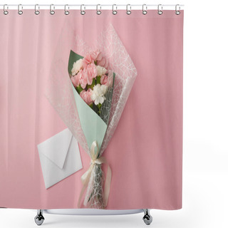 Personality  Top View Of Beautiful Tender Flower Bouquet And White Envelope Isolated On Pink  Shower Curtains