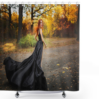 Personality  Woman In Long Dress Runs Through A Forest Shower Curtains