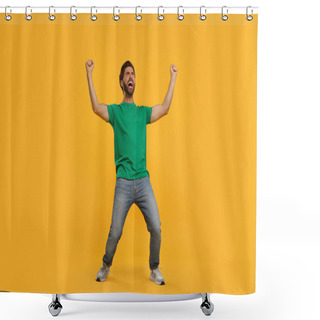 Personality  Emotional Sports Fan Celebrating On Orange Background Shower Curtains