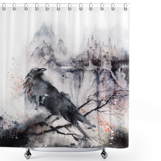 Personality  Black Raven In The Rainy City. Scary Gothic White And Black Watercolor Illustration. Halloween Poster, Wall Art Print Shower Curtains