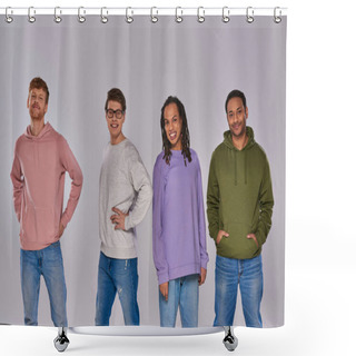 Personality  Young Multiracial Friends In Casual Attire Standing With Hands Akimbo On Grey Backdrop, Diversity Shower Curtains