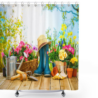 Personality  Gardening Tools And Flowers On The Terrace Shower Curtains