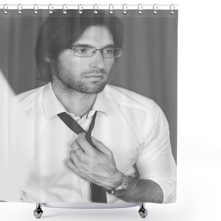 Personality  Black And White Portrait Of Handsome Smartlooking .intelligent Businesslike Financier Or Agent Or Manager In Eyeglasses And White Shirt And Tie Shower Curtains