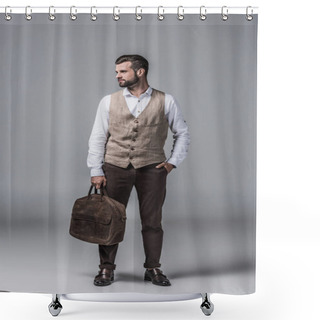 Personality  Stylish Elegant Man In Waistcoat Posing With Leather Bag On Grey Shower Curtains