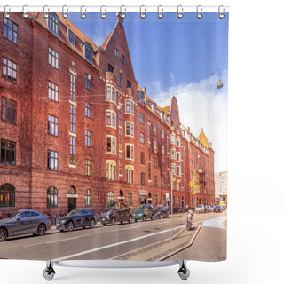Personality  COPENHAGEN, DENMARK - MAY 6, 2018: Cityscape With Buildings, Cars And Empty Street  Shower Curtains