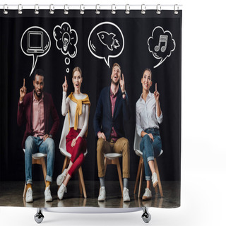 Personality  Multiethnic Group Of People Sitting On Chairs And Showing Idea Gestures With Speech And Thought Bubbles Above Heads Isolated On Black Shower Curtains