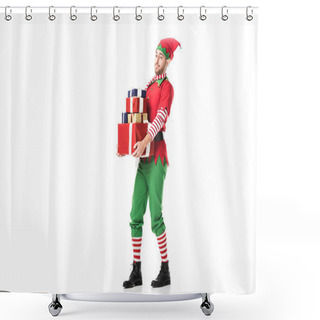 Personality  Man In Christmas Elf Costume Looking At Camera And Carrying Pile Of Presents Isolated On White Shower Curtains