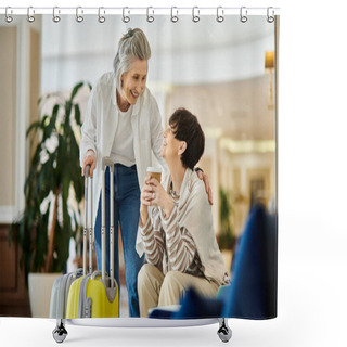 Personality  Senior Lesbian Couple Enjoying Coffee Together In A Hotel. Shower Curtains