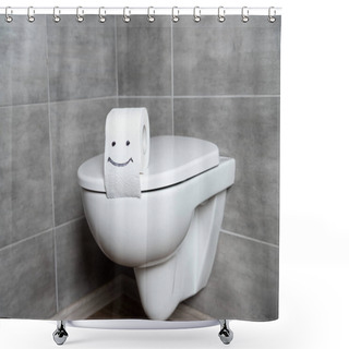 Personality  Smile Sign On Toilet Paper On White Toilet Seat In Bathroom With Grey Tile Shower Curtains