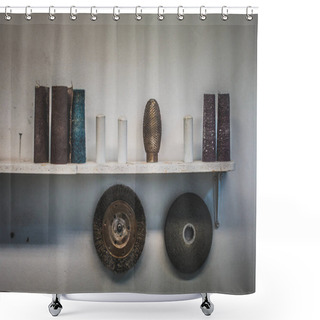 Personality  Different Sandpaper Disks, Rolls And Grinding Tools On A Shelf Shower Curtains