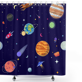Personality  Seamless Pattern Of Planets In Open Space. Vector Illustration Cartoon Style Shower Curtains