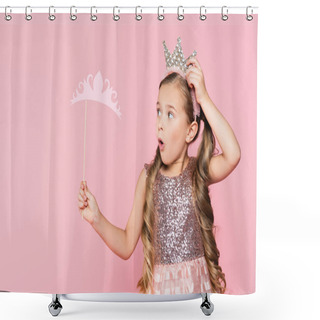 Personality  Shocked Little Girl In Dress Holding Paper Crown On Stick Isolated On Pink  Shower Curtains