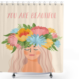 Personality  Vector Illustration With Woman In Flower Wreath. International Women S Day Concept For Card, Poster, Flyer And Other Shower Curtains