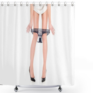 Personality  Low Section Of Girl In Heels Taking Off Black Panties, Isolated On White Shower Curtains