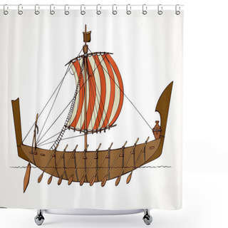 Personality  Archaic Past Century Etruscan Big Oar Bireme Canvas Clothing Galliass For Merchant Trading Or Colonization Isolated On White Background. Bright Color Hand Drawn Phoenician Sketch In Art Retro Style Shower Curtains