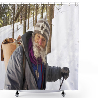 Personality  In Winter, An Interesting Original Traveler Lives In The Carpathians-a Very Old, Almost A Hundred-year-old Grandfather, Who In His Youth Ascended To Many Complex Peaks Shower Curtains